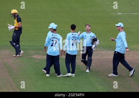 Aron Nijjar dell'Essex festeggia con i suoi compagni di squadra dopo aver preso il wicket di Steven Reingold durante Glamorgan vs Essex Eagles, Royal London un giorno Foto Stock