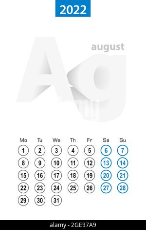 Calendario per agosto 2022, disegno cerchio blu. Lingua inglese, la settimana inizia il lunedì. Modello vettore. Illustrazione Vettoriale