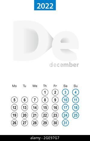 Calendario per il 2022 dicembre, design a cerchio blu. Lingua inglese, la settimana inizia il lunedì. Modello vettore. Illustrazione Vettoriale