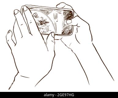 Schizzo di mani umane che tengono lo smartphone scattando una foto. Illustrazione del vettore Doole Illustrazione Vettoriale