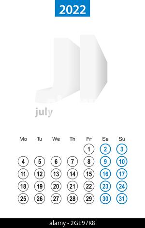 Calendario per il 2022 luglio, design a cerchio blu. Lingua inglese, la settimana inizia il lunedì. Modello vettore. Illustrazione Vettoriale