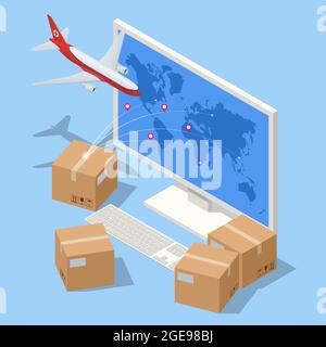 Consegna isometrica tramite servizio aereo, logistica globale, trasporto. Trasferimento consegna spedizione prodotti aziendali. Illustrazione Vettoriale