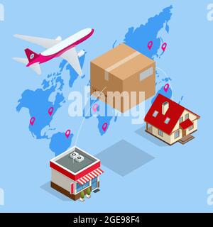 Consegna isometrica tramite servizio aereo, logistica globale, trasporto. Trasferimento consegna spedizione prodotti aziendali. Illustrazione Vettoriale