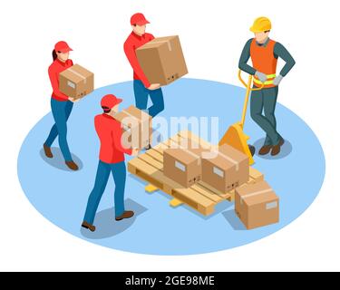 Scatole isometriche di cartone su carrello in magazzino. Lavoratori di uomini e donne che lavorano in fabbrica o magazzino industriale. Illustrazione Vettoriale