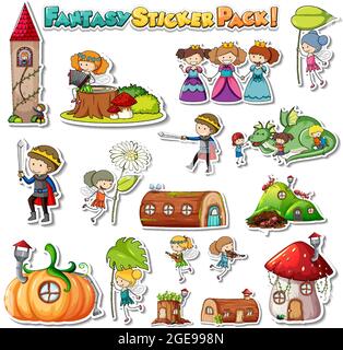 Set di adesivi con diversi cartoni animati fantasy illustrazione caratteri Illustrazione Vettoriale