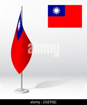 Bandiera DI TAIWAN sul flagpole per la registrazione di eventi solenni, incontro con ospiti stranieri. Giornata nazionale dell'indipendenza DI TAIWAN. Vettore 3D realistico su bianco Illustrazione Vettoriale