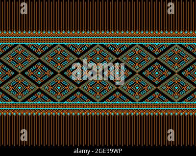Arancio Turchese etnico o Tribe senza cuciture motivo su sfondo nero in simmetria Rhombus geometrico Bohemian stile per Abbigliamento o Abbigliamento, Ricamo, Illustrazione Vettoriale