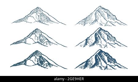 set di cime di montagna, annata, vecchio aspetto disegnato a mano, schizzo, diverse versioni per escursioni, arrampicata. Illustrazione vettoriale Illustrazione Vettoriale