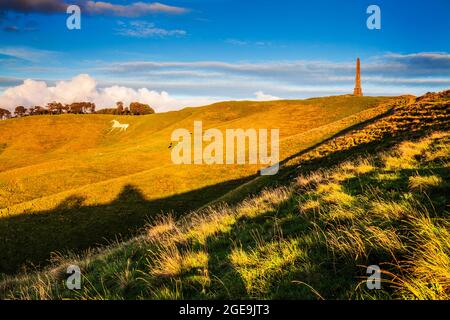 Il Cavallo Bianco e Lansdowne monumento di Cherhill nel Wiltshire. Foto Stock