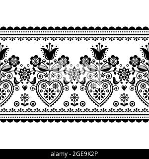 Arte folcloristica scandinava senza cuciture lungo motivo vettoriale nero orizzontale con uccelli e fiori, ornamento in stile nordico con fiori Illustrazione Vettoriale