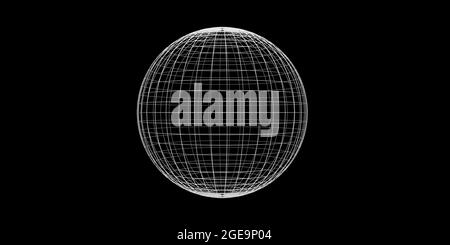 Globo o o sfera a reticolo 3D su sfondo nero, visualizzazione del concetto di geografia o navigazione con coordinate di latitudine e longitudine Foto Stock
