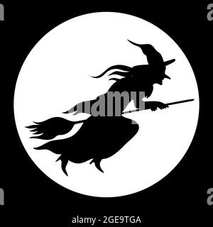 Silhouette di una strega che vola su una scopa sullo sfondo della luna piena. Clipart vettoriali di Halloween isolate su bianco Illustrazione Vettoriale