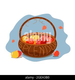 Mele mature in un cesto con l'iscrizione Autunno splendore. Semplice illustrazione piatta della vendemmia autunnale su sfondo blu. Frutta da giardino. Illustrazione Vettoriale