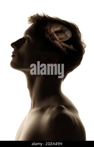 Immagine concettuale con silhouette di giovane uomo e immagini in testa con segreti di subcoscienza, microcosmo umano. Illustrazione. Foto Stock