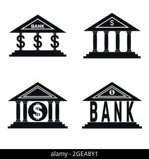 Disegno vettoriale di quattro loghi di banca nera, logo di banca con il simbolo del dollaro americano Illustrazione Vettoriale
