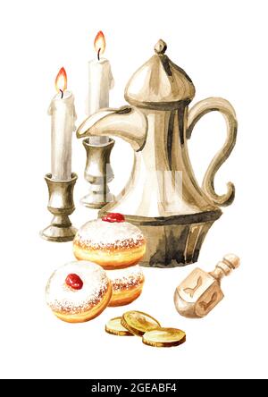 Festa ebraica concetto Hanukkah, tradizionale ciambella, caraffa, alcune monete e candele. Illustrazione di acquerello disegnata a mano isolata su sfondo bianco Foto Stock