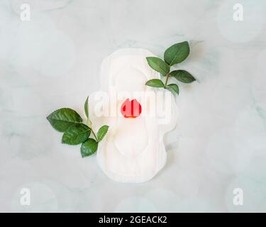 Cuscinetto mestruale, naturale con petalo di rosa rossa, come una goccia di sangue e foglie verdi su uno sfondo di menta chiara, ciclo mestruale ginecologico. Uomo Foto Stock