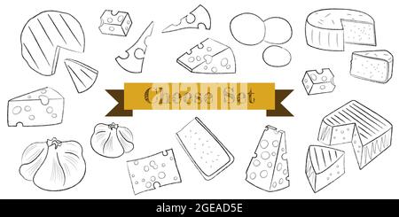 Set di icone a linea piatta per formaggio. Segnaletica per il negozio di prodotti lattiero-caseari. Modello di disegno del formaggio. Illustrazione vettoriale disegnata a mano. Stile minimalista Illustrazione Vettoriale