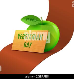 Giornata vegetariana del mondo. Mela verde realistica su un nastro rosso. Illustrazione vettoriale. Illustrazione Vettoriale