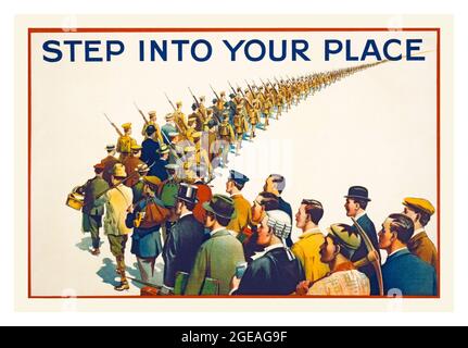 ENTRA NEL tuo POSTO vintage British storico propaganda di reclutamento della prima guerra mondiale nel 1914 UK 'SUP into your place' prima guerra mondiale di reclutamento Foto Stock