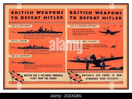 Seconda Guerra Mondiale UK Propaganda ‘armi britanniche per sconfiggere Hitler’, navi e aerei, due poster di propaganda originali della seconda Guerra Mondiale stampati per HMSO da Greenslade c.1940 per stimolare il morale britannico -seconda Guerra Mondiale Foto Stock