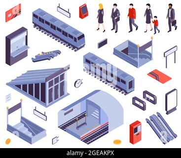 Metropolitana stazioni di ingresso cancello di uscita scale scale mobili treno carrozza ferroviaria persone isometrica set vettoriale illustrazione Illustrazione Vettoriale