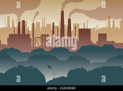 Sfondo piatto con alberi verdi e numerosi camini di fabbrica inquinante aria vettore illustrazione Illustrazione Vettoriale
