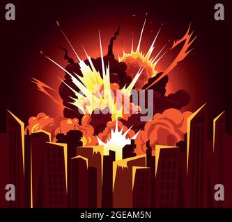 Bomba atomica esplosione bang producendo fuoco detriti nuvole con calore luminoso bagliore colori cityscape sfondo illustrazione vettoriale Illustrazione Vettoriale