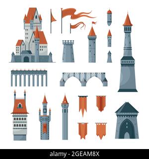 Icone piatte serie di torri medievali castello bandiere isolato su sfondo bianco illustrazione vettoriale Illustrazione Vettoriale