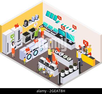 Composizione isometrica del prestito bancario con vista del negozio di elettronica di consumo e degli elettrodomestici con icone percentuali illustrazione vettoriale Illustrazione Vettoriale