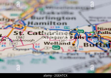 Cascate del Niagara Ontario Canada mostrate su una mappa stradale o mappa geografica Foto Stock