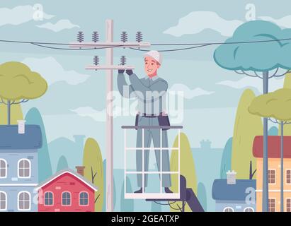 Composizione di cartone animato per elettricisti con scenario esterno e uomo in uniforme lavorando con linee elettriche su illustrazione post-vettoriale Illustrazione Vettoriale