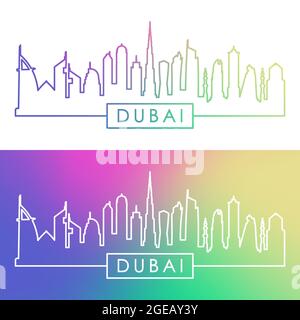 Skyline di Dubai. Stile lineare colorato. File vettoriale modificabile. Illustrazione Vettoriale