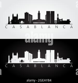 Profilo dello skyline e dei punti di riferimento di Casablanca, design in bianco e nero, illustrazione vettoriale. Illustrazione Vettoriale