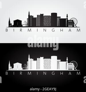 Skyline di Birmingham e linee di riferimento, design in bianco e nero, illustrazione vettoriale. Illustrazione Vettoriale