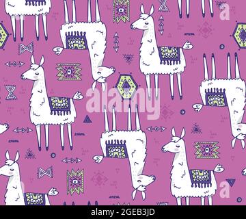 Llama e Geo Doodle Trend modello vettoriale senza giunture Illustrazione Vettoriale