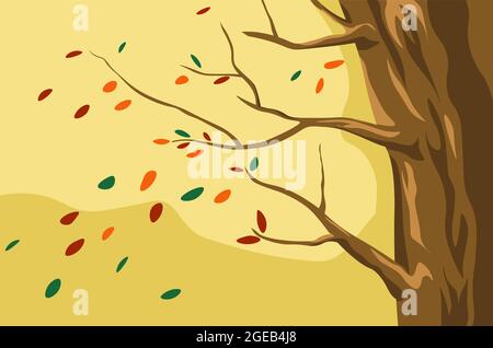 Paesaggio autunnale, foglie d'arancio che cadono dagli alberi Illustrazione Vettoriale