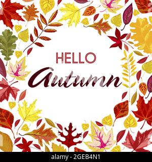 Ciao autunno, striscione con fogliame colorato asciutto Illustrazione Vettoriale