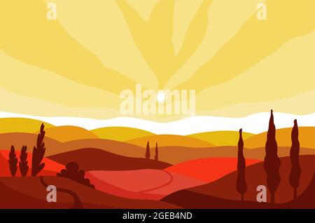 Paesaggio autunnale di valle e montagne al tramonto Illustrazione Vettoriale