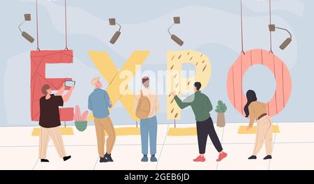 Cartoon caratteri piatti e caratteri grandi 'expo', concetto di illustrazione vettoriale Illustrazione Vettoriale