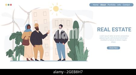 Cartoon caratteri piatti acquisto stato reale, vettore landing page design Illustrazione Vettoriale