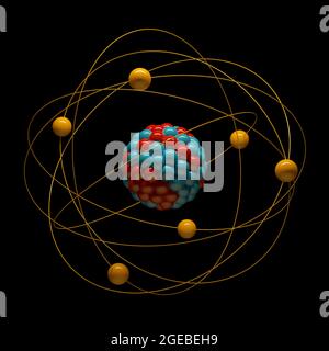 Energia nucleare, reazione nucleare o nucleare. Immagine concettuale di un modello atomico nucleare. Foto Stock