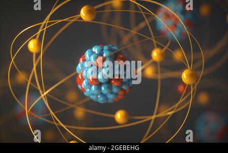 Energia nucleare, reazione nucleare o nucleare. Immagine concettuale di un modello atomico nucleare. Foto Stock