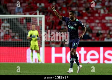 Lisbona. 18 agosto 2021. Cody Gakpo di PSV Eindhoven festeggia dopo aver segnato un gol durante la prima partita di play-off della UEFA Champions League tra SL Benfica e PSV Eindhoven allo stadio Luz di Lisbona, Portogallo, il 18 agosto 2021. Credit: Pedro Feuza/Xinhua/Alamy Live News Foto Stock