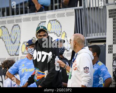 Chester, Pennsylvania, Stati Uniti. 18 agosto 2021. 18 agosto 2021, Chester PA- proprietario di minoranza dell'Unione di Philadelphia e NBA All Star Great, KEVIN DURANT, al Subaru Park di Chester PA (immagine di credito: © Ricky Fitchett/ZUMA Press Wire) Foto Stock