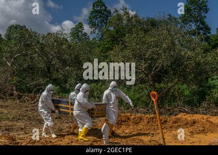 Kendari, Sulawesi sudorientale, Indonesia. 18 agosto 2021. Gli operatori sanitari portano la bara contenente il paziente covid-19 alla tomba. Il processo funerale per i pazienti Covid-19 con protocolli sanitari è effettuato dagli operatori sanitari ospedalieri a Kendari. Sebbene il numero di pazienti trattati con COVID-19 sia in diminuzione, il tasso di mortalità è costante ogni giorno. (Credit Image: © Andry Denisah/ZUMA Press Wire) Foto Stock