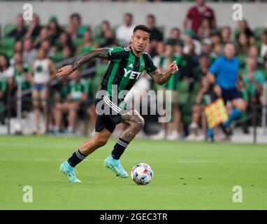 Austin, Texas, Stati Uniti. 18 agosto 2021: Austin FC Forward SebastiÃ¡n Driussi (25) muove il pallone durante una partita di calcio della Major League tra Austin FC e Vancouver Whitecaps il 18 agosto 2021 ad Austin, Texas. (Credit Image: © Scott Coleman/ZUMA Press Wire) Credit: ZUMA Press, Inc./Alamy Live News Foto Stock