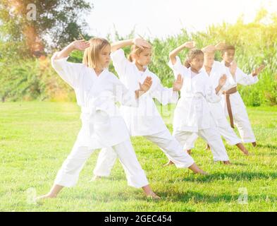 Bambini positivi che praticano il karate nel parco Foto Stock