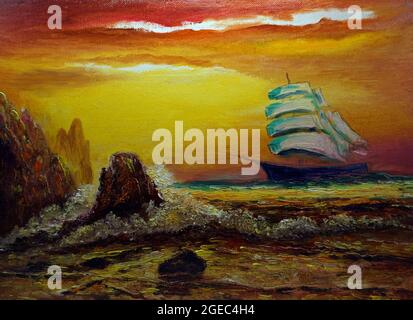 Pittura a olio d'arte barca a vela , barque in mare dalla thailandia , junk boat, arti visive Foto Stock