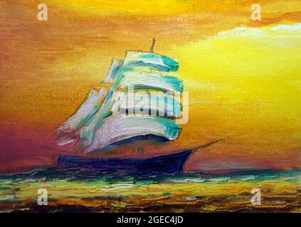 pittura a olio d'arte barca a vela , barque in mare dalla thailandia , junk boat Foto Stock